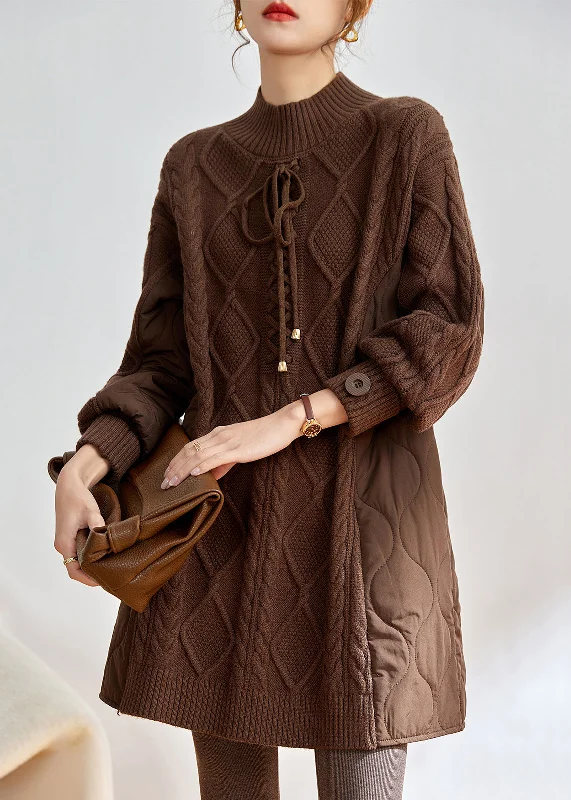 Elegant Comfort French Coffee Half Hign Neck Thick Patchwork Knit Sweaters Winter
