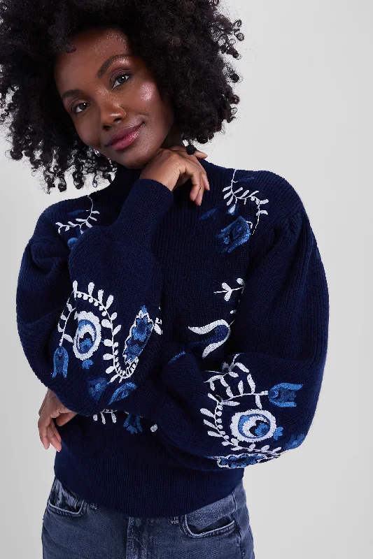 Diamond Series Navy Inga Embroidery Longsleeve High Neck Sweater
