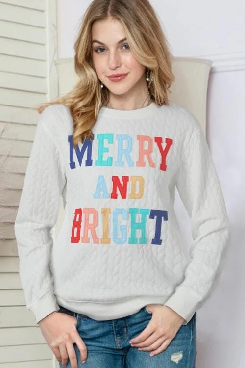 Exquisite Embroidery MERRY AND BRIGHT Cable Knit Pullover Sweatshirt