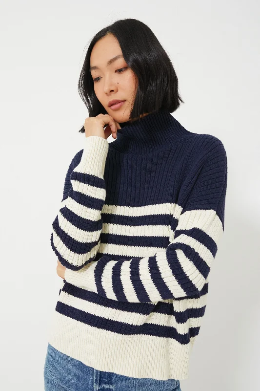 Summer Comfort Navy Colorblock Stripe Organic Carolyn Funnel Neck Sweater