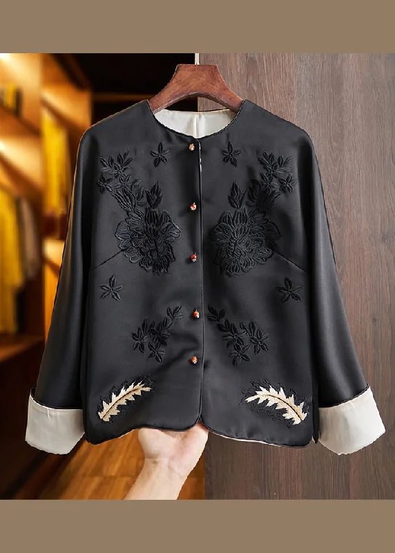 Lively And Youthful Boutique Black O-Neck Embroideried Patchwork Silk Coats Fall