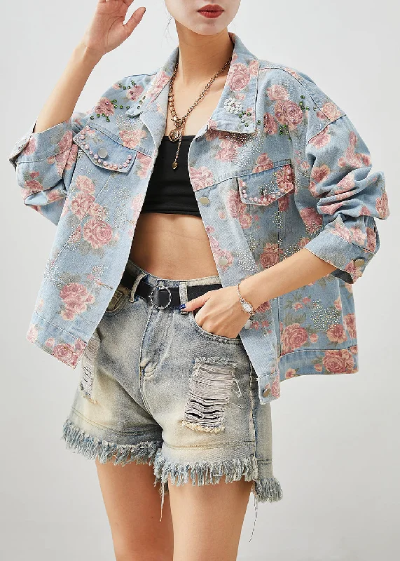Exclusive Customization Boutique Blue Nail Bead Rose Print Denim Coats Fall