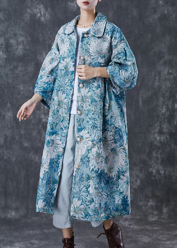 Relaxed And Casual Boutique Blue Oversized Daisy Print Cotton Trench Coats Spring
