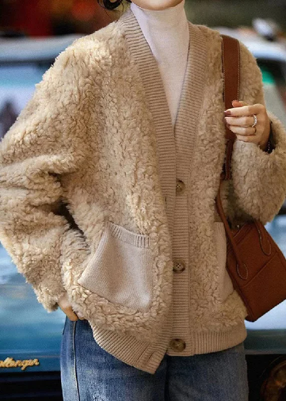 Sports And Leisure Boutique Camel V Neck Pockets Patchwork Wool Jacket Winter