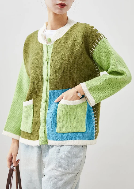 Simple Solid Color Boutique Green Oversized Patchwork Knit Jackets Spring