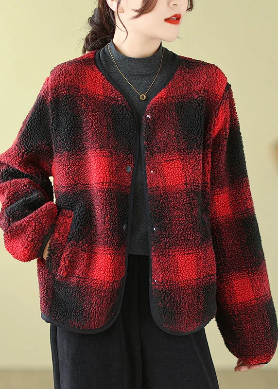 Fashion Elements Boutique Red O-Neck Pockets Plaid Faux Fur Jackets Fall