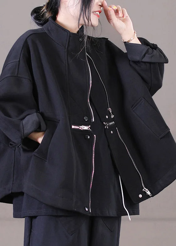 Playful Style Brief Black Peter Pan Collar Zippered Patchwork Pockets Cotton Coat Long Sleeve