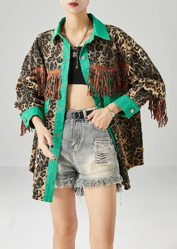 Knowledge And Elegance Casual Green Tasseled Patchwork Leopard Print Cotton Coats Fall