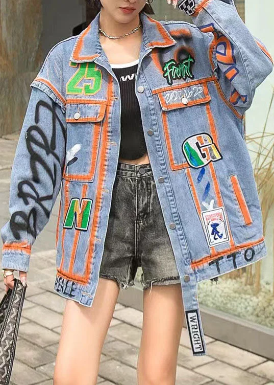 Casual And Comfortable Casual Orange Peter Pan Collar Pockets Graphic Patchwork Denim Coat Spring
