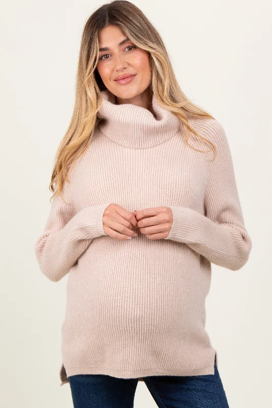 Sporty Wear Beige Basic Ribbed Turtle Neck Maternity Sweater