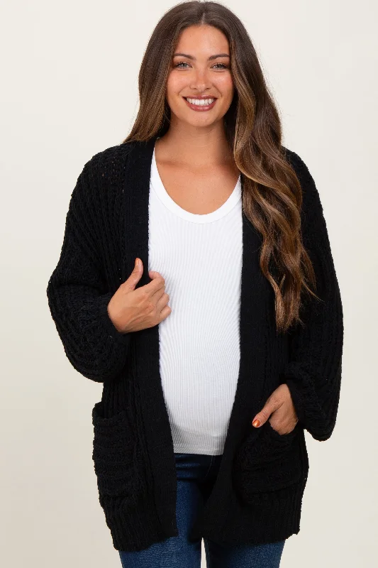 Exquisite Details Black Chunky Knit Oversized Maternity Pocket Cardigan
