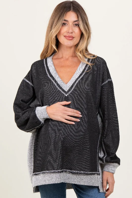 French Style Black Contrast French Terry Maternity Long Sleeve Top