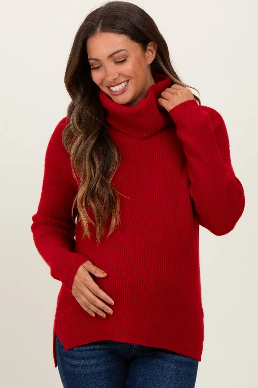 Daily Comfort Burgundy Basic Ribbed Turtle Neck Maternity Sweater