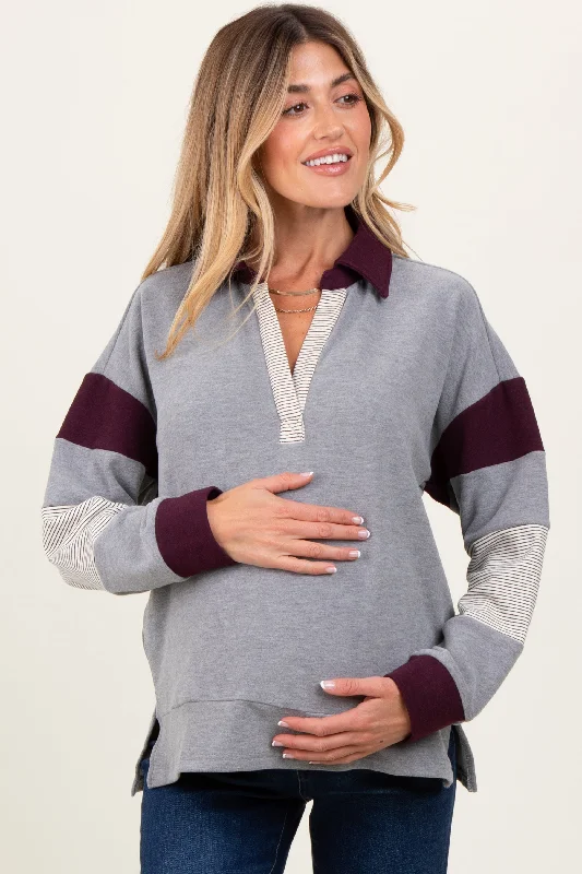 Warm Chic Charcoal Grey Colorblock Stripe Collared Maternity Pullover