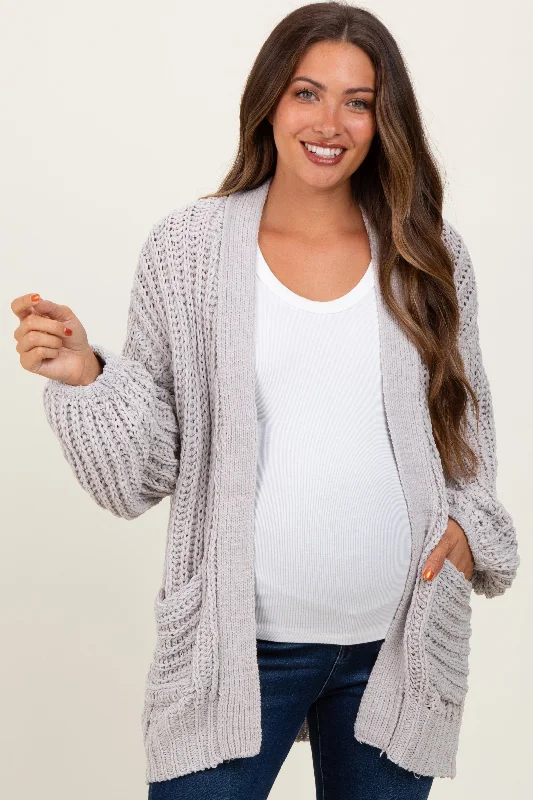 Smart Comfort Heather Grey Chunky Knit Oversized Maternity Pocket Cardigan