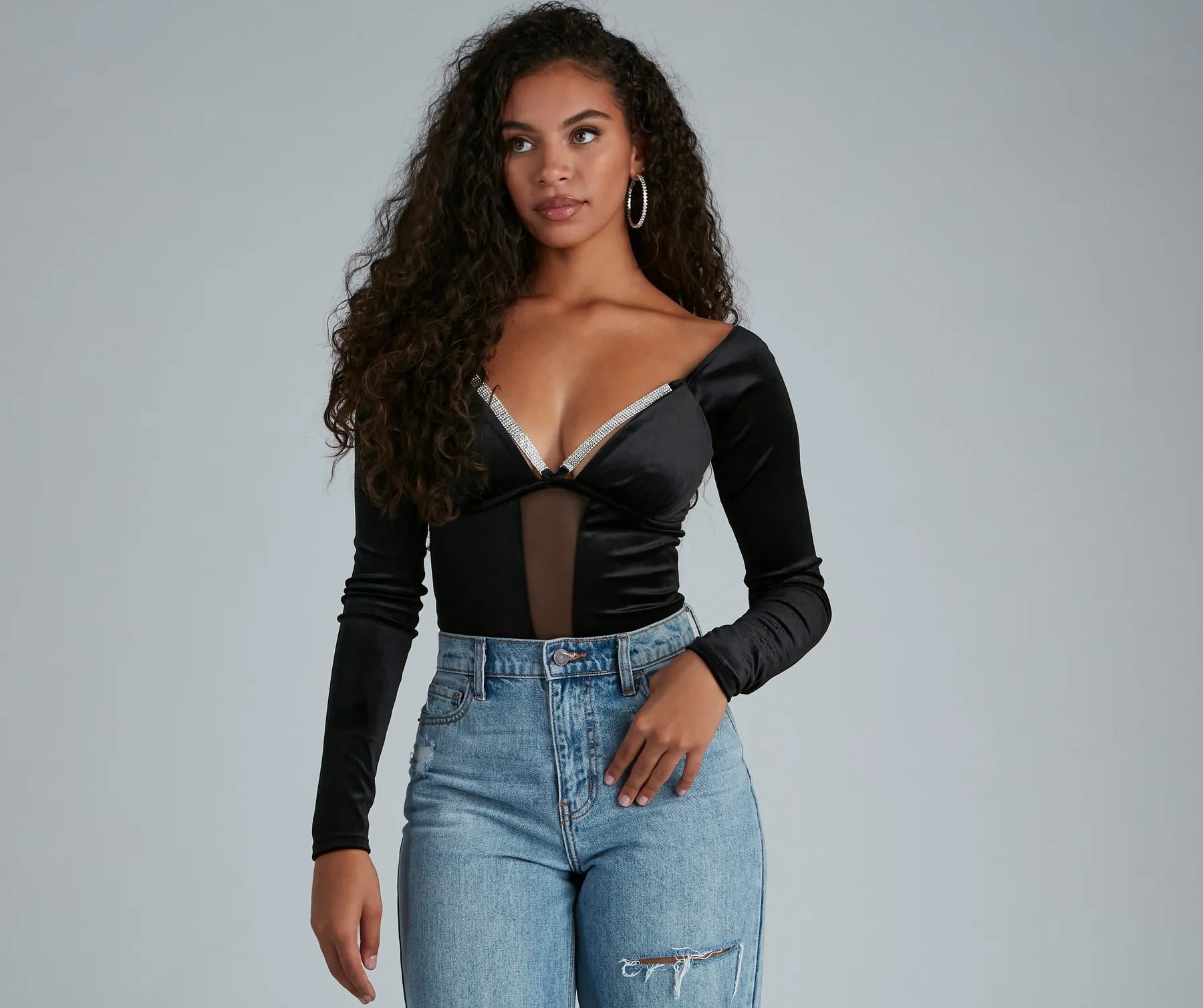 Easy Chic Wear Holiday Shine Velvet Rhinestone Trim Bodysuit