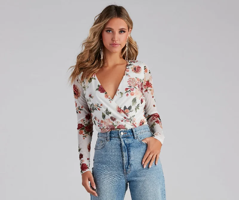 British Style Natural Bloom Mesh Floral Surplice Bodysuit