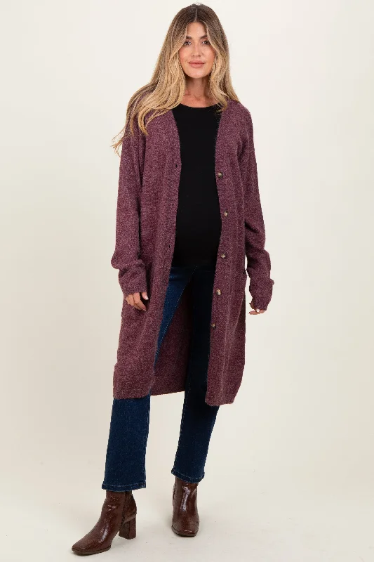 Trendy Looks Plum Button Down V-Neck Long Maternity Cardigan