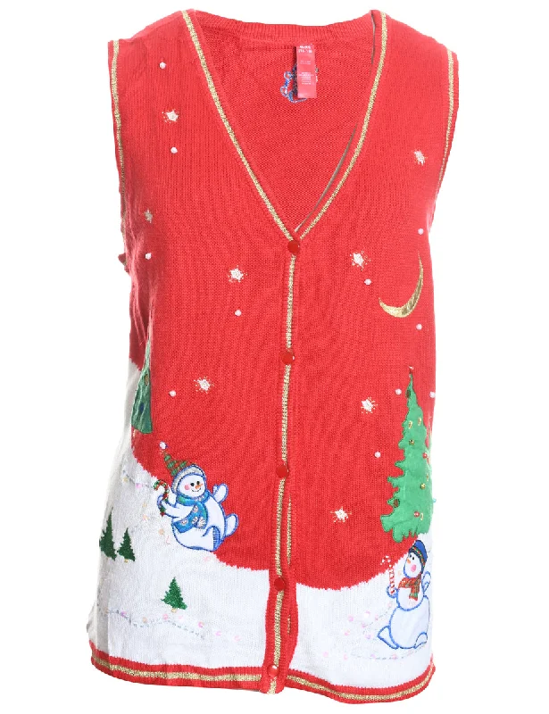 Soft Relaxation Wear Snowman Design Red Knit Christmas Vest - XL